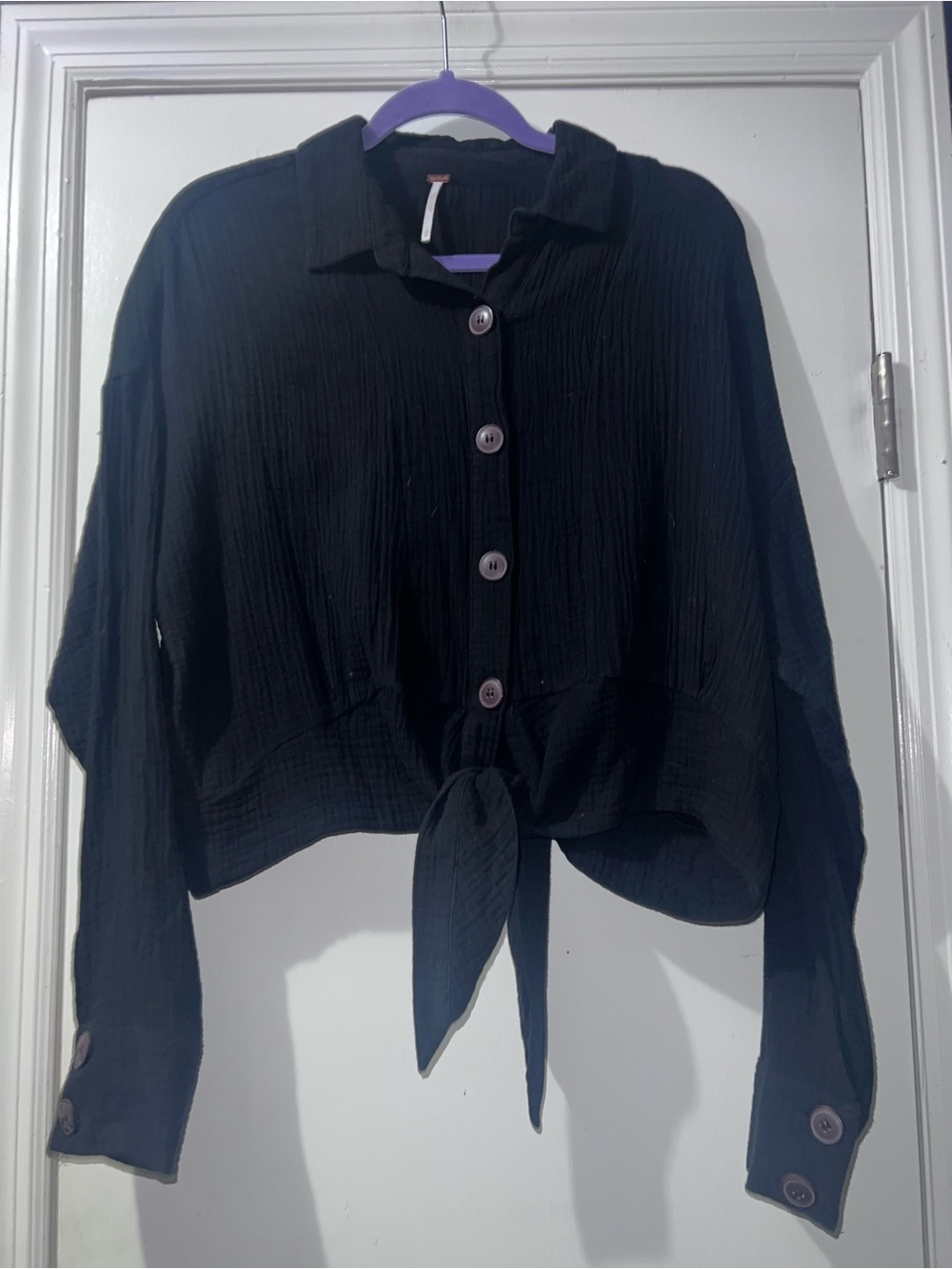 Free People Black Cropped Tie-Front Button Down Shirt